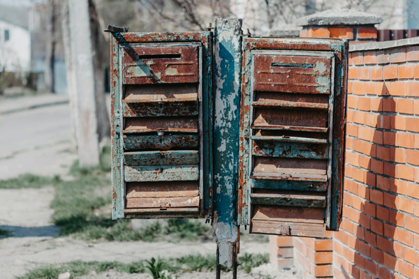 Rusted unsecured mailboxes open on a post, why package security matters
