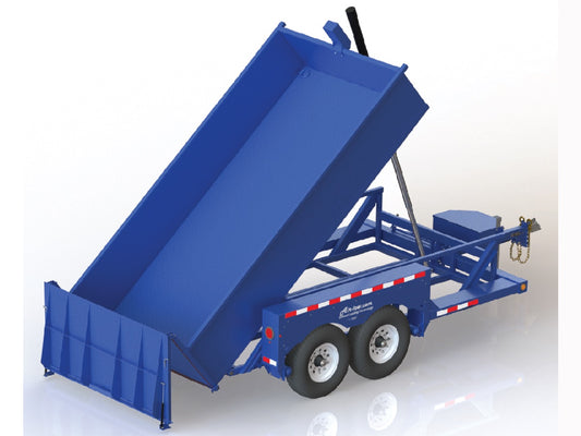 Air Tow 3D-12 blue dual-purpose dump and drop-deck trailer raised on white background