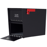 Black mailbox with a red flag and open customer door on a white background