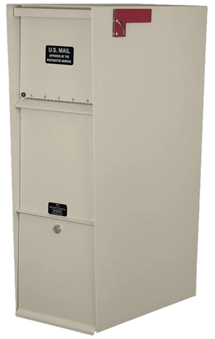 Tan mailbox with U.S. Mail label on a white background