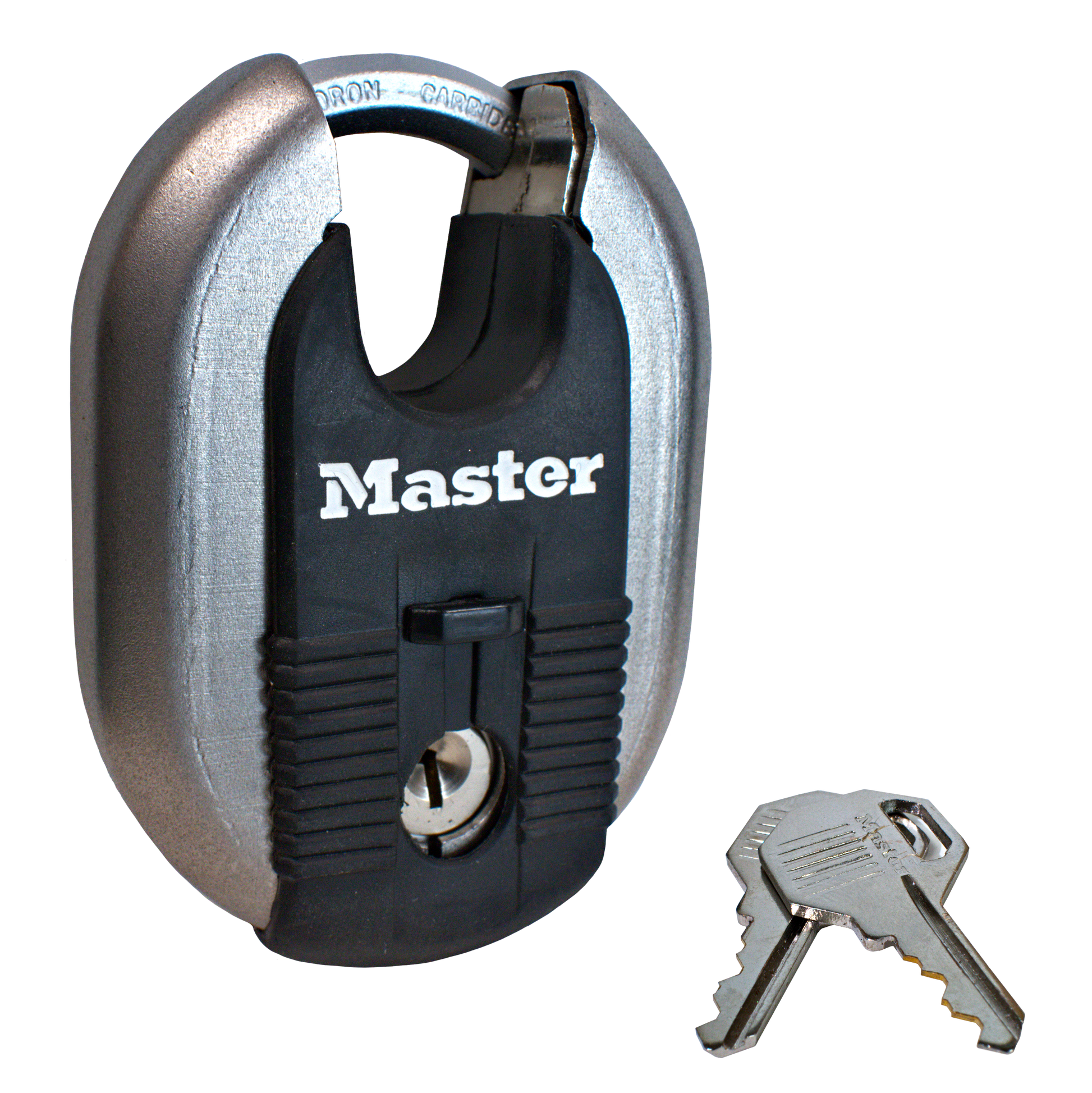 Master lock padlock used for Armadillo Mailboxes with a key on a white background.