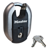 Master lock padlock used for Armadillo Mailboxes with a key on a white background.