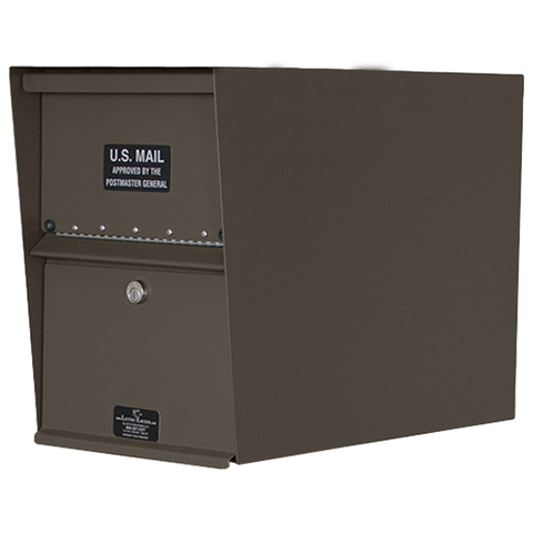 Brown mailbox with U.S. Mail approval label on a white background