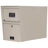 Tan mailbox with U.S. Mail approval label on a white background